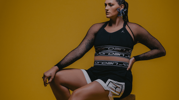 Stefanie Dolson models Jordan Brand basketball apparel.